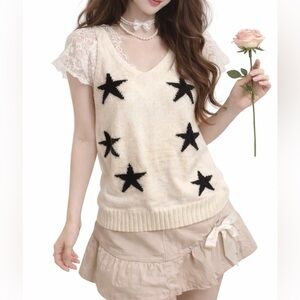 Star Print Knit Sweater Tank Top Cream Black Y2K Coquette Soft Girl (M)